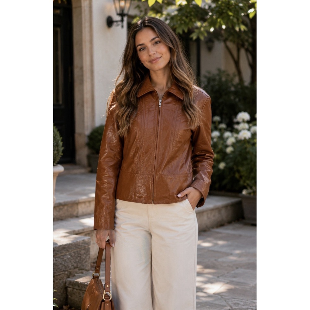 Vintage Caramel Brown Brazil Genuine Leather Jacket Women's M Vertical Pintuck